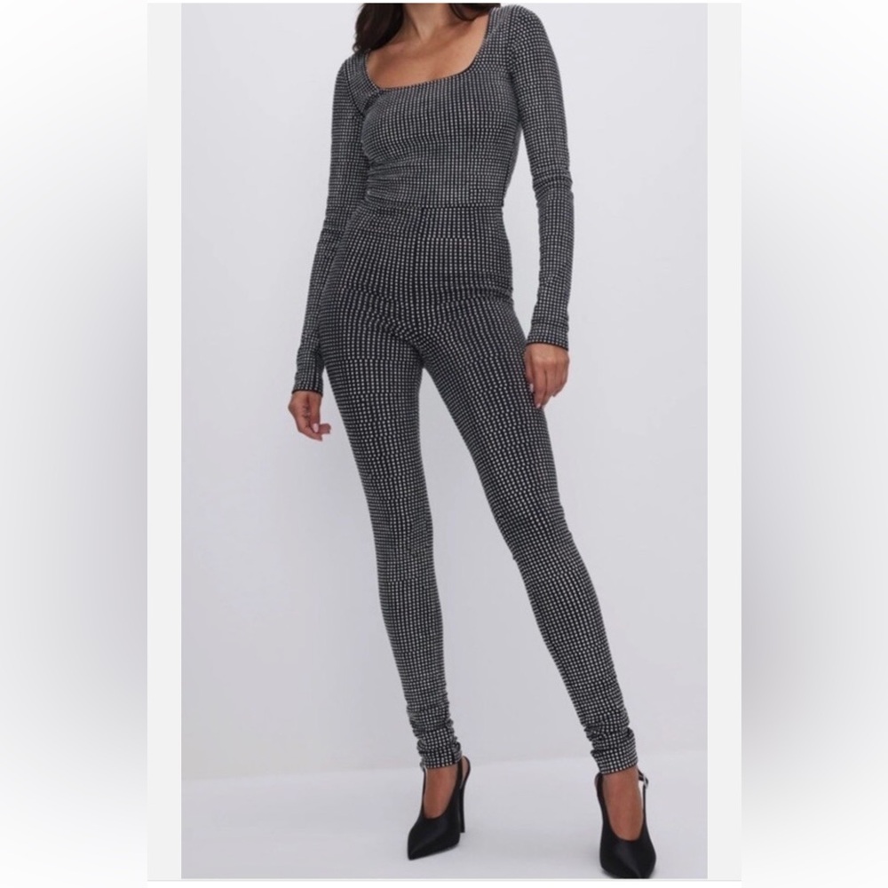 Good American Crystal Catsuit Black Zip Closure Bling Sparkle Compression NWT M
